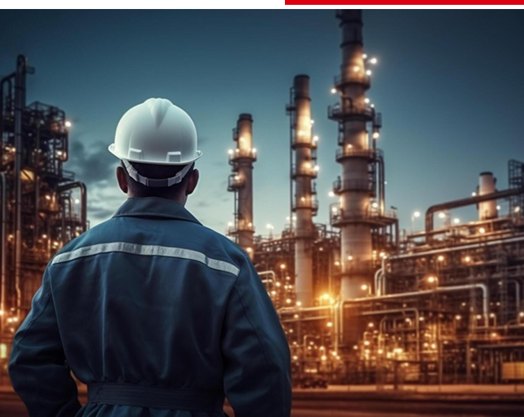 Engineer overlooking illuminated oil refinery at night