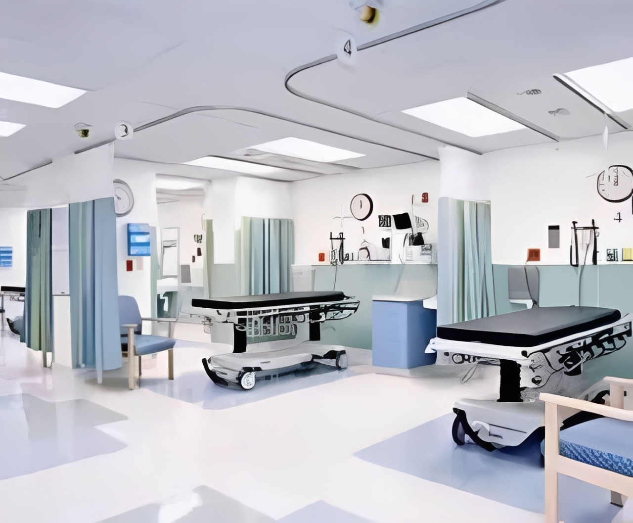 Modern hospital emergency room with empty stretchers