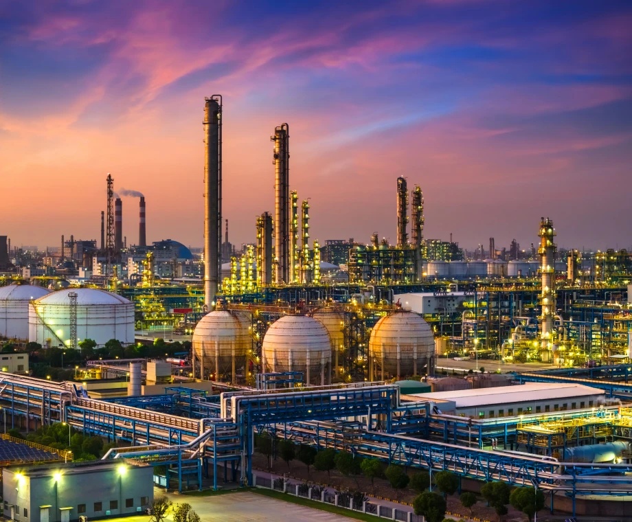 Factory skyline during twilight